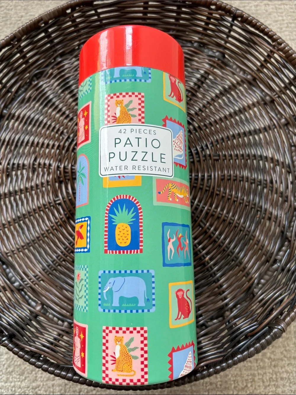 Patio Puzzle Water Resistant 42-Piece - Green with Red Lid